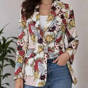 Nautical Scarf Print Blazer Jacket Polka Dot Baroque Coastal Chic Statement